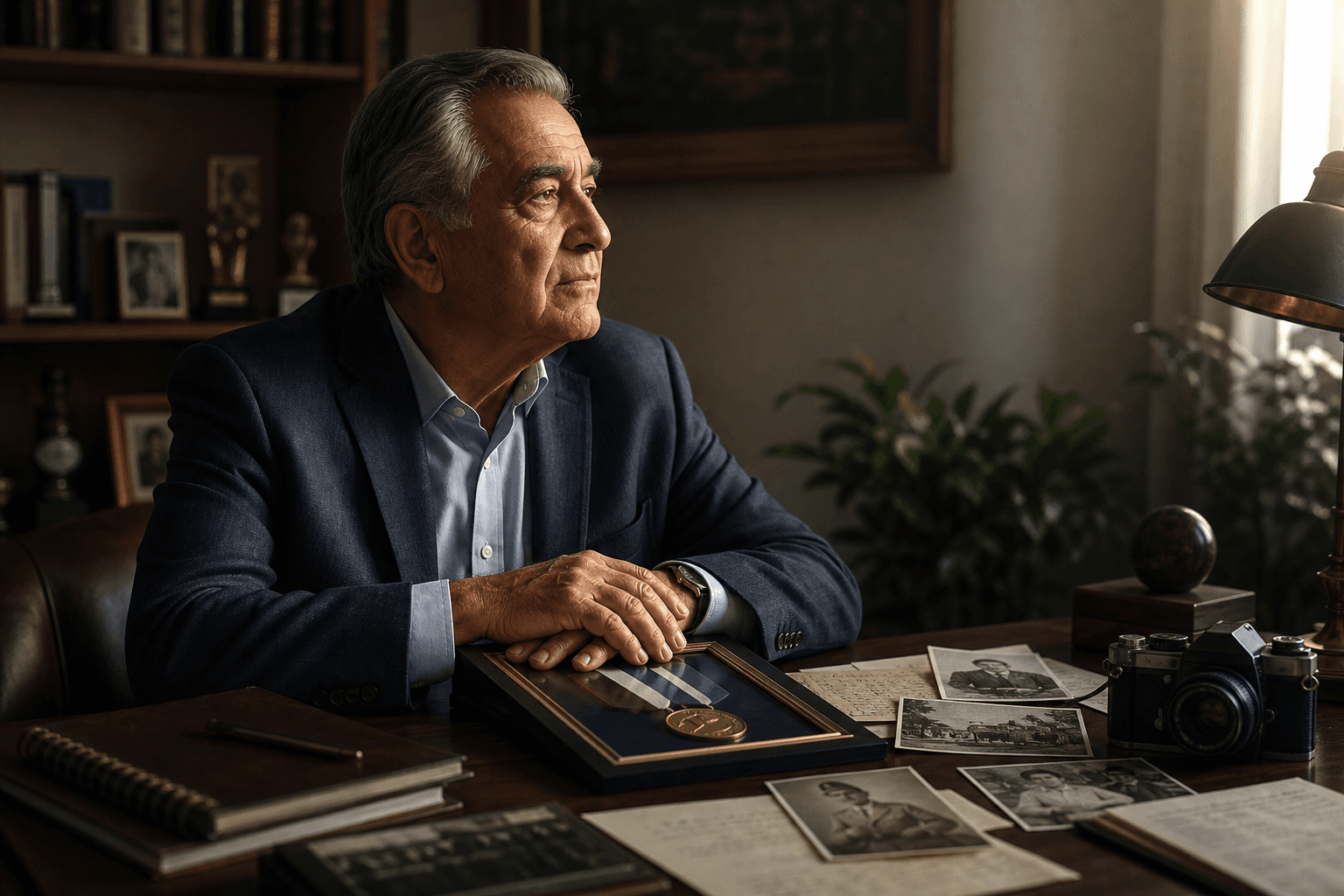 An older adult reflecting beside career keepsakes and family photos.