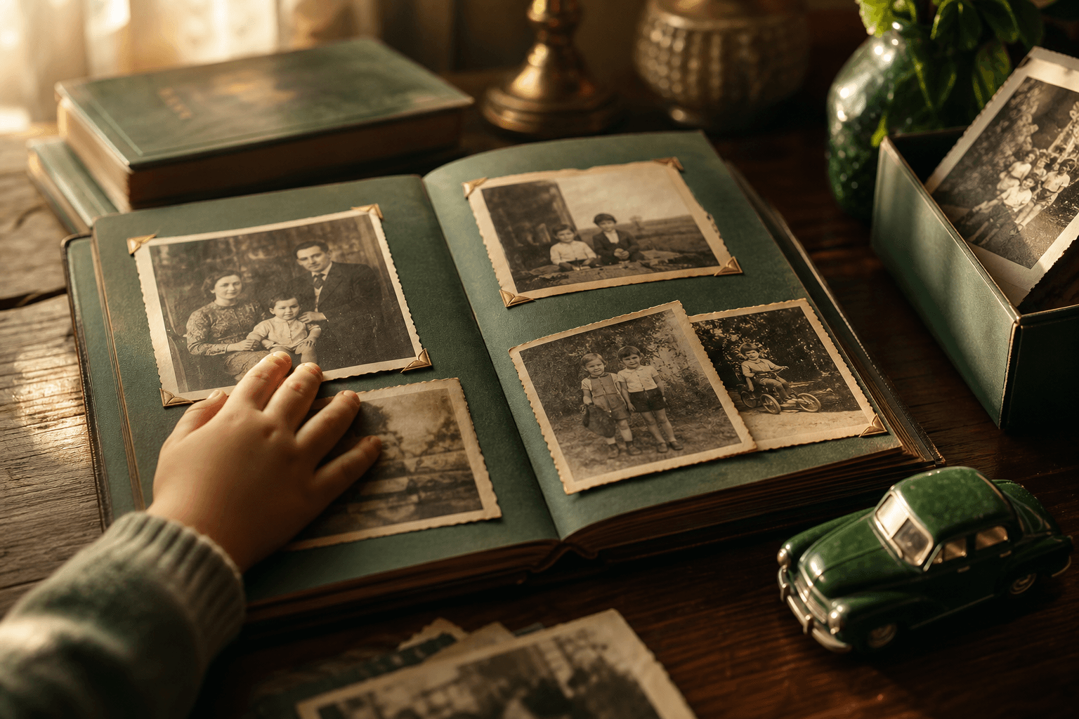 A family photo album with childhood photographs and a small toy car.