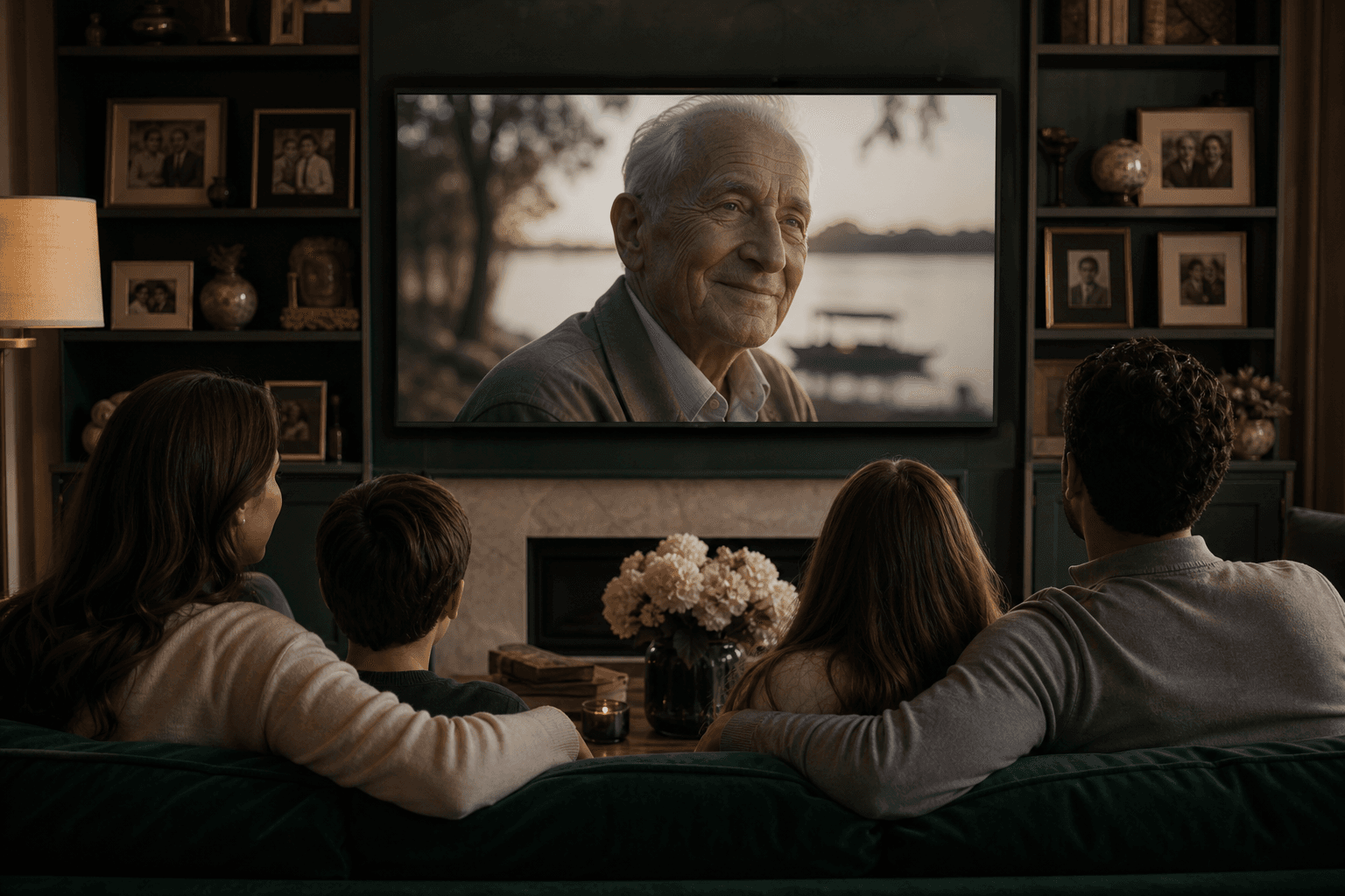 A family watching a finished biography film together in a living room.