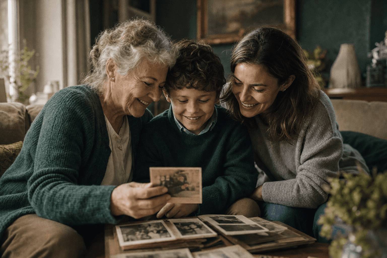 Three generations of a family looking through old photographs together.