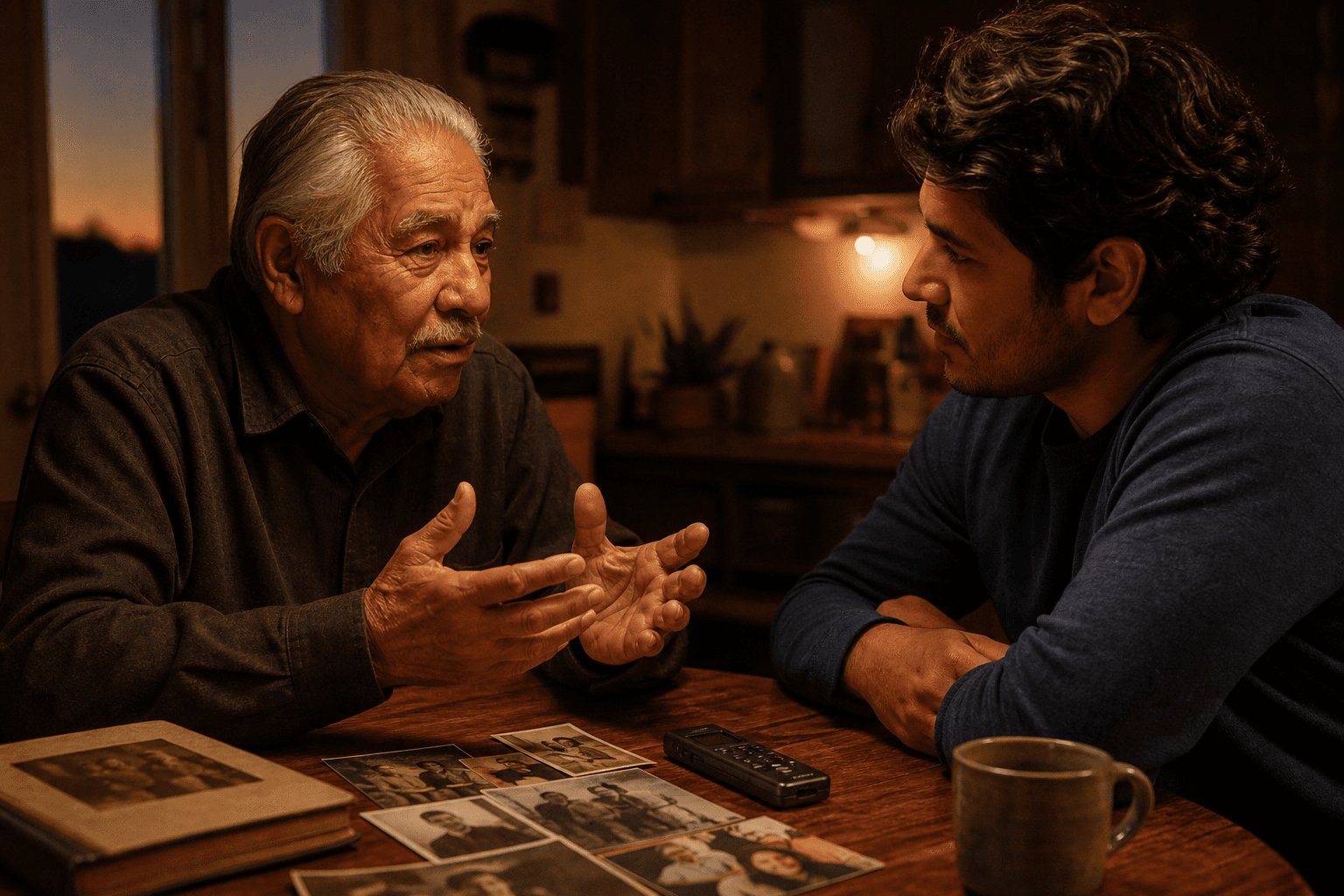 An elder sharing a story across a kitchen table with family photos nearby.